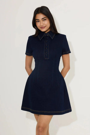 Cotton Mix Denim Collared Mini Dress by Odd Muse, structured denim mini dress with collar, perfect for chic day to night styling