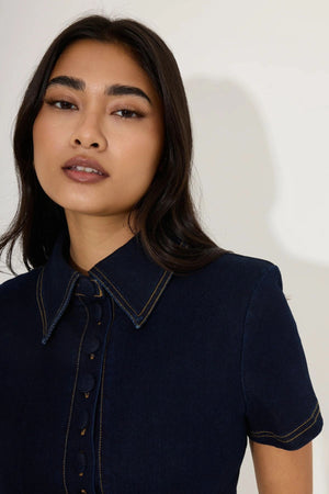 Cotton Mix Denim Collared Mini Dress by Odd Muse, structured denim mini dress with collar, perfect for chic day to night styling