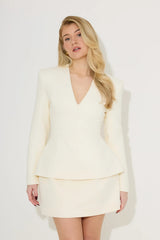 Cotton Mix Structured Top in Cream by Odd Muse, tailored V-neck long sleeve top with cinched waist detail.