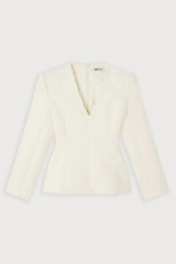 Cotton Mix Structured Top in Cream by Odd Muse, tailored V-neck long sleeve top with cinched waist detail.