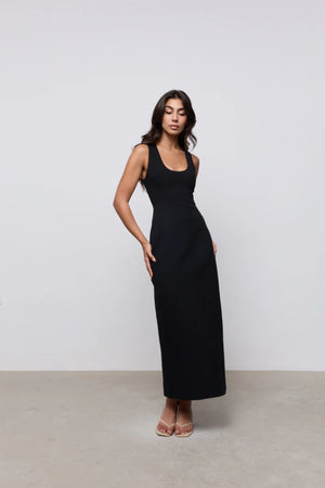 Cotton Mix Volume Midi Dress Black by Odd Muse – fitted sleeveless midi dress with waist cinch and scoop neckline.