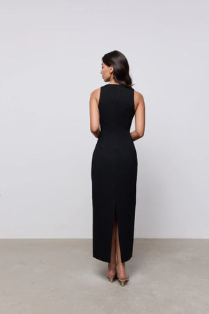 Cotton Mix Volume Midi Dress Black by Odd Muse – fitted sleeveless midi dress with waist cinch and scoop neckline.