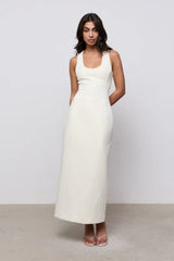 Cotton Mix Volume Midi Dress Ecru by Odd Muse – fitted sleeveless midi dress with waist cinch and scoop neckline.