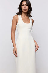 Cotton Mix Volume Midi Dress Ecru by Odd Muse – fitted sleeveless midi dress with waist cinch and scoop neckline.
