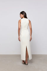 Cotton Mix Volume Midi Dress Ecru by Odd Muse – fitted sleeveless midi dress with waist cinch and scoop neckline.