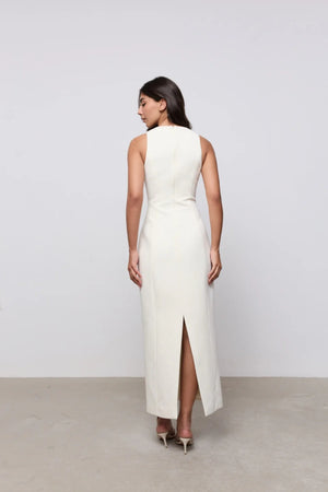 Cotton Mix Volume Midi Dress Ecru by Odd Muse – fitted sleeveless midi dress with waist cinch and scoop neckline.