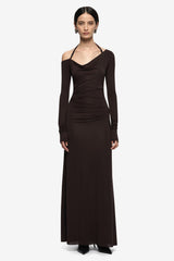 Court Long Sleeve Maxi Dress Dark Chocolate by Bec + Bridge, ruched maxi dress with long sleeves and fitted silhouette. Perfect for events or evening wear.