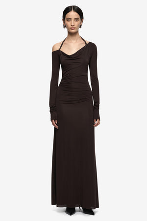 Court Long Sleeve Maxi Dress Dark Chocolate by Bec + Bridge, ruched maxi dress with long sleeves and fitted silhouette. Perfect for events or evening wear.