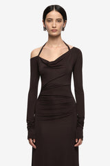 Court Long Sleeve Maxi Dress Dark Chocolate by Bec + Bridge, ruched maxi dress with long sleeves and fitted silhouette. Perfect for events or evening wear.