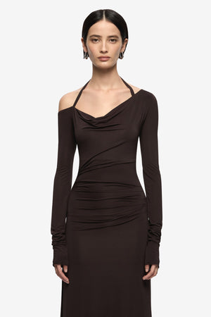 Court Long Sleeve Maxi Dress Dark Chocolate by Bec + Bridge, ruched maxi dress with long sleeves and fitted silhouette. Perfect for events or evening wear.