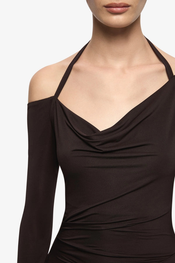 Court Long Sleeve Maxi Dress Dark Chocolate by Bec + Bridge, ruched maxi dress with long sleeves and fitted silhouette. Perfect for events or evening wear.