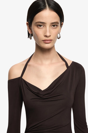 Court Long Sleeve Maxi Dress Dark Chocolate by Bec + Bridge, ruched maxi dress with long sleeves and fitted silhouette. Perfect for events or evening wear.