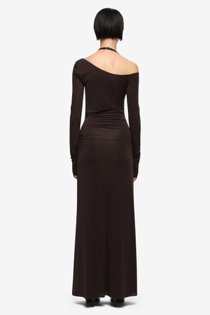 Court Long Sleeve Maxi Dress Dark Chocolate by Bec + Bridge, ruched maxi dress with long sleeves and fitted silhouette. Perfect for events or evening wear.