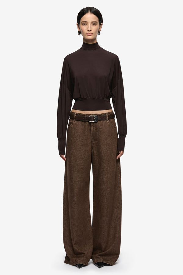 Court Long Sleeve Top Dark Chocolate by Bec + Bridge, long sleeve top with high neck and relaxed fit. Perfect for everyday wear or layered looks.