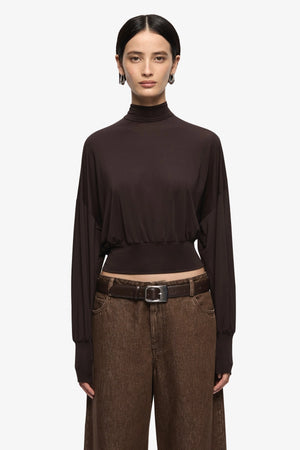 Court Long Sleeve Top Dark Chocolate by Bec + Bridge, long sleeve top with high neck and relaxed fit. Perfect for everyday wear or layered looks.