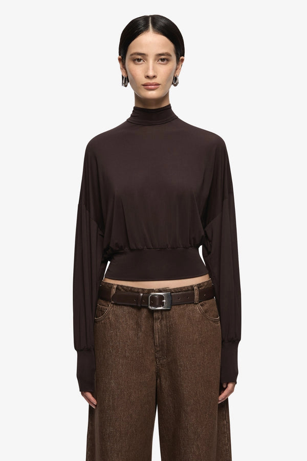 Court Long Sleeve Top Dark Chocolate by Bec + Bridge, long sleeve top with high neck and relaxed fit. Perfect for everyday wear or layered looks.