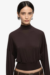 Court Long Sleeve Top Dark Chocolate by Bec + Bridge, long sleeve top with high neck and relaxed fit. Perfect for everyday wear or layered looks.