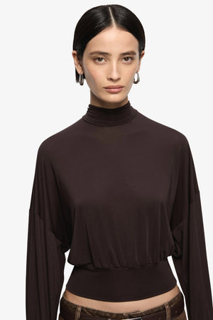 Court Long Sleeve Top Dark Chocolate by Bec + Bridge, long sleeve top with high neck and relaxed fit. Perfect for everyday wear or layered looks.