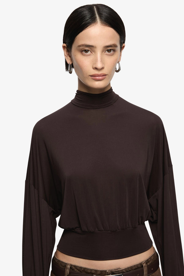 Court Long Sleeve Top Dark Chocolate by Bec + Bridge, long sleeve top with high neck and relaxed fit. Perfect for everyday wear or layered looks.
