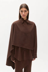 Cova Shirt Brown Pinstripe by Bayse – sculptural pinstripe shirt with asymmetric draped shoulder detailing.