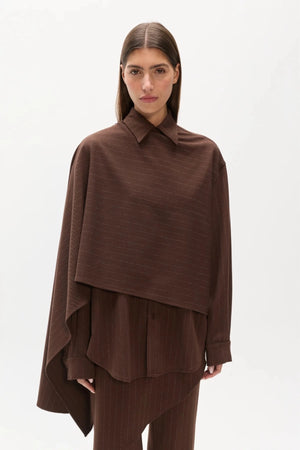 Cova Shirt Brown Pinstripe by Bayse – sculptural pinstripe shirt with asymmetric draped shoulder detailing.