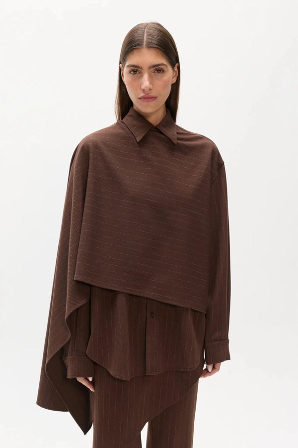 Cova Shirt Brown Pinstripe by Bayse – sculptural pinstripe shirt with asymmetric draped shoulder detailing.