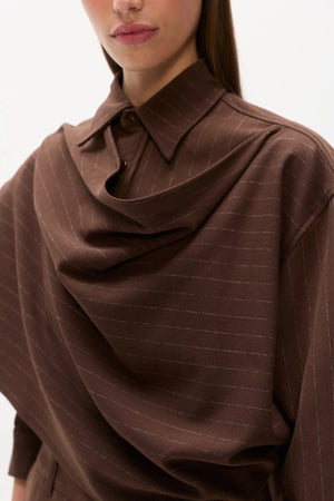 Cova Shirt Brown Pinstripe by Bayse – sculptural pinstripe shirt with asymmetric draped shoulder detailing.