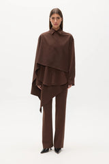 Cova Shirt Brown Pinstripe by Bayse – sculptural pinstripe shirt with asymmetric draped shoulder detailing.