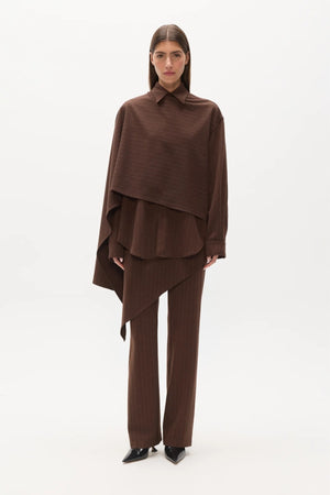 Cova Shirt Brown Pinstripe by Bayse – sculptural pinstripe shirt with asymmetric draped shoulder detailing.