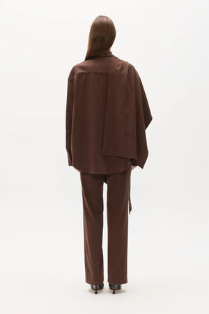 Cova Shirt Brown Pinstripe by Bayse – sculptural pinstripe shirt with asymmetric draped shoulder detailing.