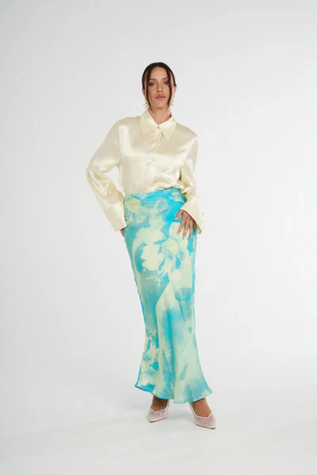 Cuff Shirt Butter by Summi Summi, soft butter-hued shirt with a structured collar and oversized flared cuffs. Lightweight acetate fabric for effortless sophistication.