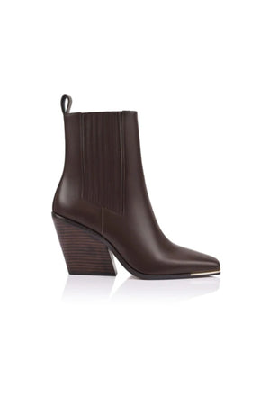 Cyrus Boot Brown Leather Brown by Lana Wilkinson - leather ankle boots with square toe and heel, designed for a sleek modern look.