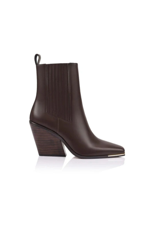 Cyrus Boot Brown Leather Brown by Lana Wilkinson - leather ankle boots with square toe and heel, designed for a sleek modern look.