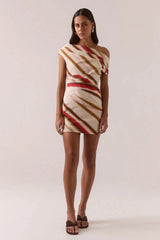 Cyrus Mini Dress Latte by Sovere – stretch cotton mini dress with wide neckline and off-shoulder detail.