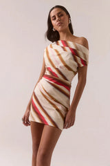 Cyrus Mini Dress Latte by Sovere – stretch cotton mini dress with wide neckline and off-shoulder detail.