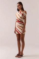Cyrus Mini Dress Latte by Sovere – stretch cotton mini dress with wide neckline and off-shoulder detail.