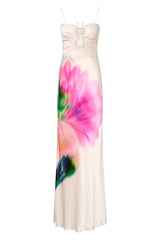Dahlia Blossom Gown by Rebecca Vallance – Elegant silk satin gown with custom floral print, sweetheart neckline, gold bead details, perfect for standout special events.