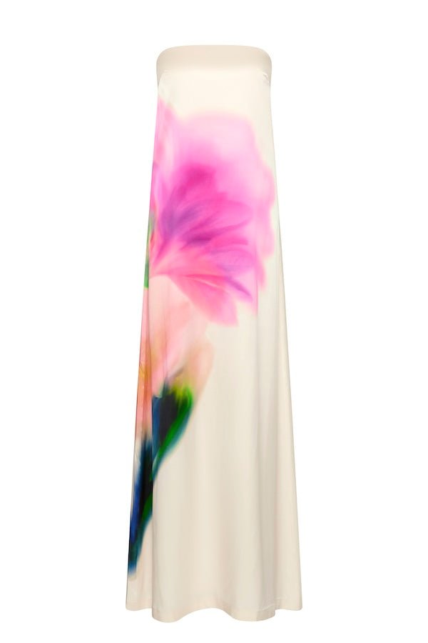 Dahlia Blossom Maxi Dress by Rebecca Vallance – Elegant silk satin gown with floral print, sweetheart neckline, gold bead accents, perfect for standout formal events.