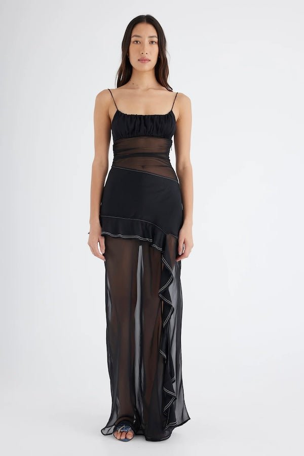 Delilah Maxi Dress Black by Benni – Sheer mesh bodice and satin bust meet chiffon layers in this elegant, feminine silhouette.