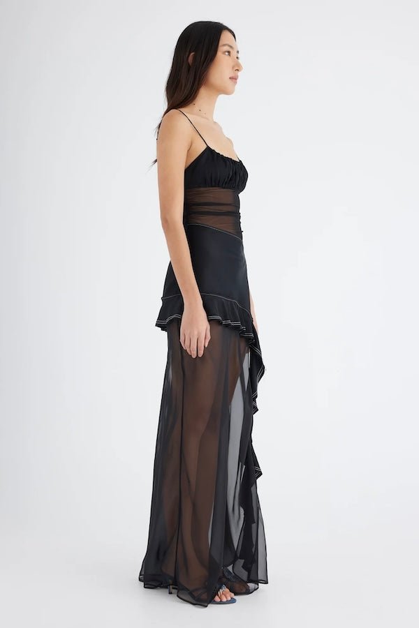 Delilah Maxi Dress Black by Benni – Sheer mesh bodice and satin bust meet chiffon layers in this elegant, feminine silhouette.