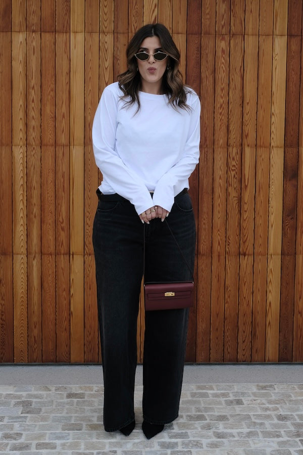 Long Sleeve Tee White by Sneaky Link – The ultimate capsule piece, this loose-fit 100% cotton tee is perfect for everyday wear. Lia wears M, Renee wears XS.