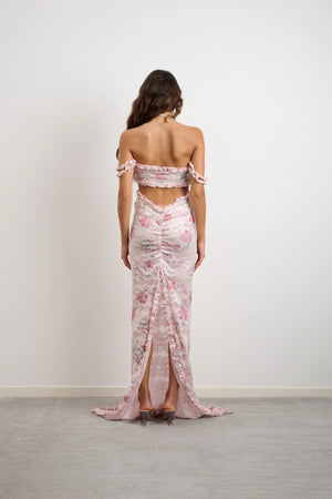 Harper Dress by DŽO – a lace gown with twist bust and cutout detail. Perfect for romantic event styling.