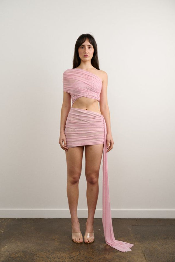 DŽO Kiana Dress Rhinestone Light Pink, one shoulder mini dress with ruched draping and cut out detail, embellished party dress for events and nights out.