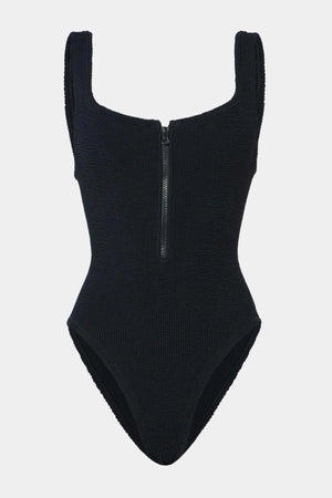 Dallas Swim Black by Hunza G – a sculpting crinkle one-piece with square neckline and front zip. Perfect for bold poolside style.