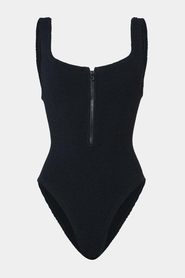 Dallas Swim Black by Hunza G – a sculpting crinkle one-piece with square neckline and front zip. Perfect for bold poolside style.