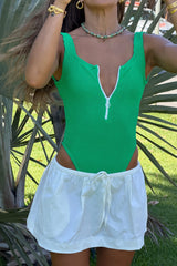 Dallas Swim in Emerald by Hunza G, square-neck crinkle one-piece with front zip and scooped back for a bold retro look.