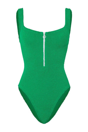 Dallas Swim in Emerald by Hunza G, square-neck crinkle one-piece with front zip and scooped back for a bold retro look.