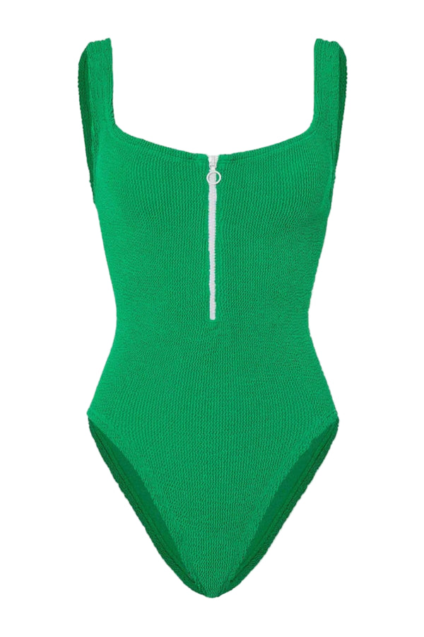 Dallas Swim in Emerald by Hunza G, square-neck crinkle one-piece with front zip and scooped back for a bold retro look.