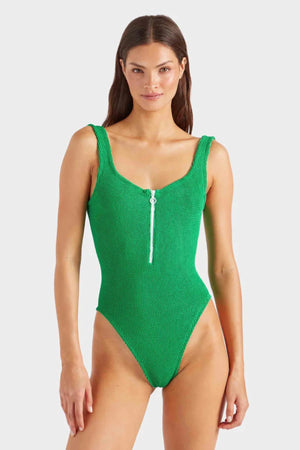 Dallas Swim in Emerald by Hunza G, square-neck crinkle one-piece with front zip and scooped back for a bold retro look.