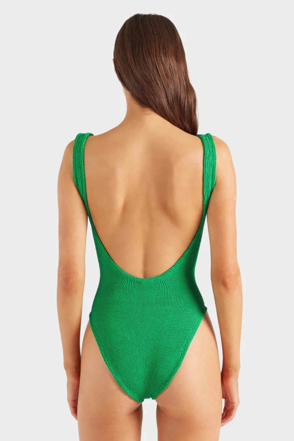 Dallas Swim in Emerald by Hunza G, square-neck crinkle one-piece with front zip and scooped back for a bold retro look.